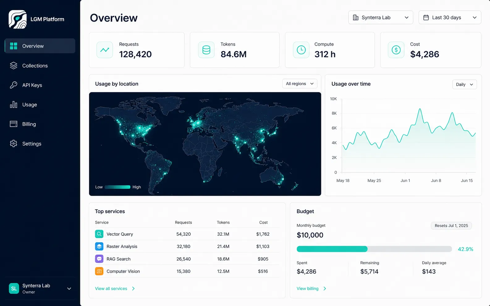 LGM Platform dashboard showing products, usage and API access